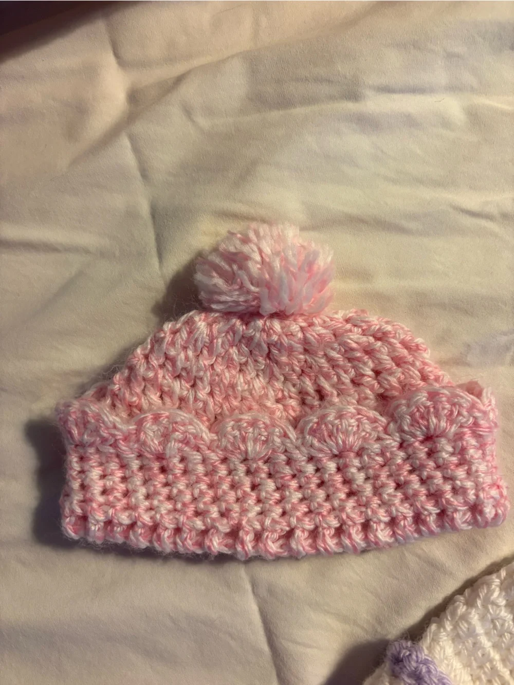 Handmade Pink and White Crochet Baby Hats - Soft Pom Beanie Set